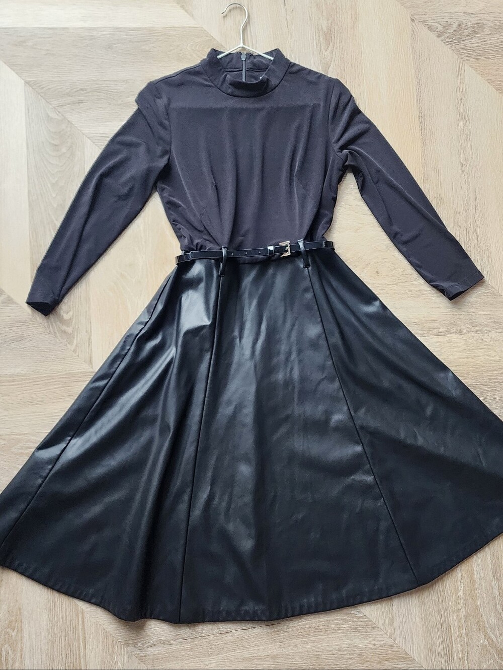 Calvin Klein Black Long-Sleeve Mock Neck Dress with Faux-Leather Skirt